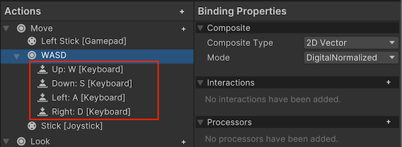 The WASD part bindings appear under the "Move" action on the Actions panel.