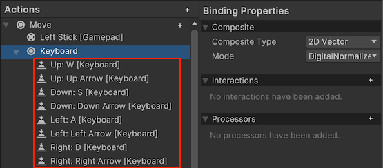The Keyboard setting under Move on the Actions panel displays duplicated part bindings.