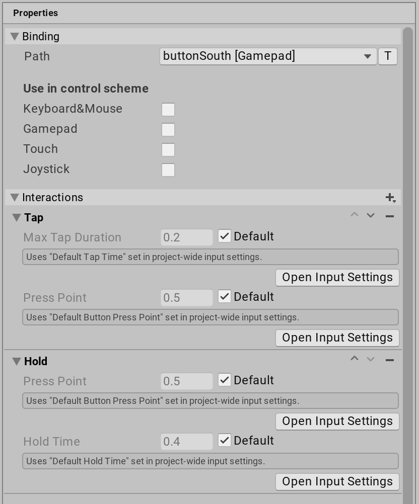 The Binding Path displays the buttonSouth [Gamepad] value set on the Interaction Properties window.