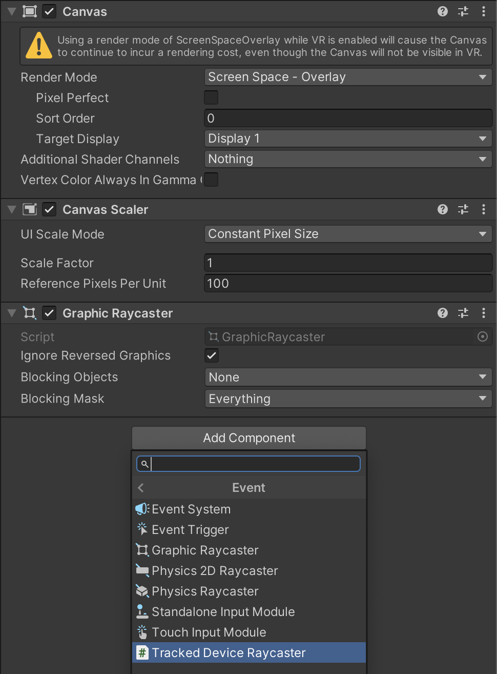 The Graphic Raycaster component appears under the Canvas and Canvas Scaler components. The Add Component window appears with the Tracked Device Rayster component selected.