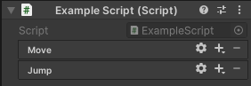 The Move and Jump actions appear under the ExampleScript component with icons for editing, adding, and removing each action.
