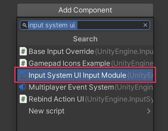 The Add Component search bar displays 'input system ui' to highlight the 'Input System UI Input Module' component.