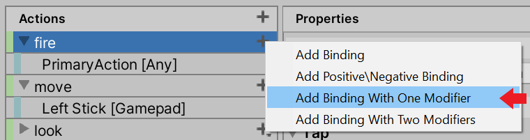 The Add Binding With One Modifier Composite binding is selected for the "fire" action on the Actions panel.