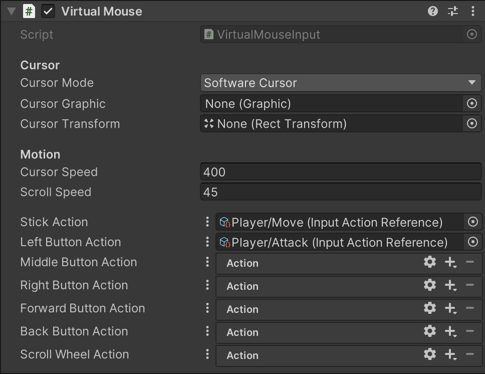 The Virtual Mouse component appears with the Stick Action and Left Button Action connected to Player Move and Attack Actions.
