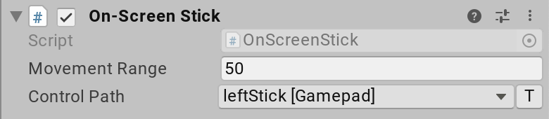 The OnScreenStick component displays 50 as the Movement Range value and leftStick [Gamepad] as the Control Path value.