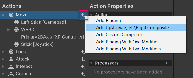 The Add Up/Down/Left/Right Composite binding is selected for the "Move" action on the Actions panel.