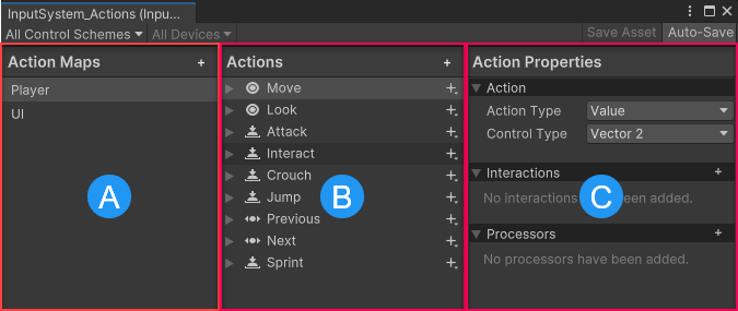 The Input Actions Editor displays the three panels and the default actions