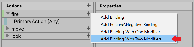 The bindings With Two Modifiers Composite binding is selected for the "fire" action on the Actions panel.