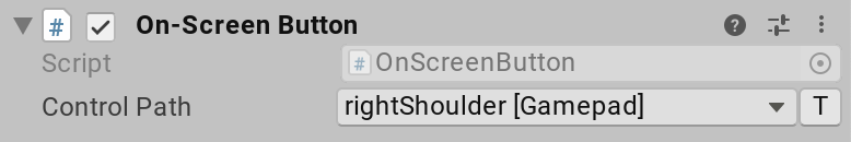 The OnScreenButton component displays the Control Path value as rightShoulder [Gamepad].
