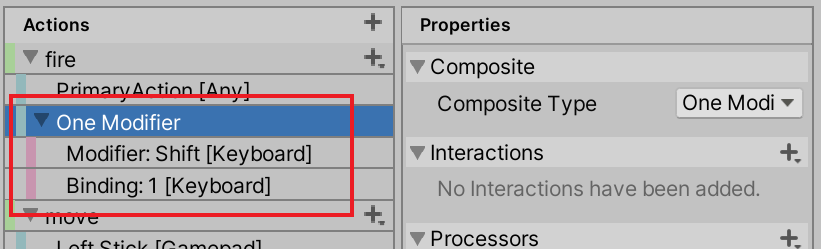 The One Modifier part bindings appear under the "fire" action on the Actions panel.