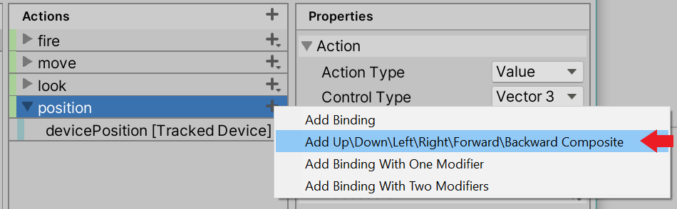 The Add Up/Down/Left/Right/Forward/Backward Composite binding is selected for the "position" action on the Actions panel.